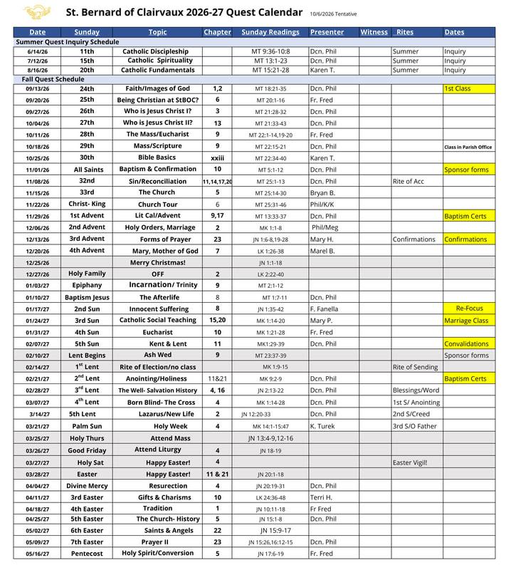 St. Bernard of Clairvaux 2026–27 Quest calendar (tentative): session dates, topics, readings and presenters
